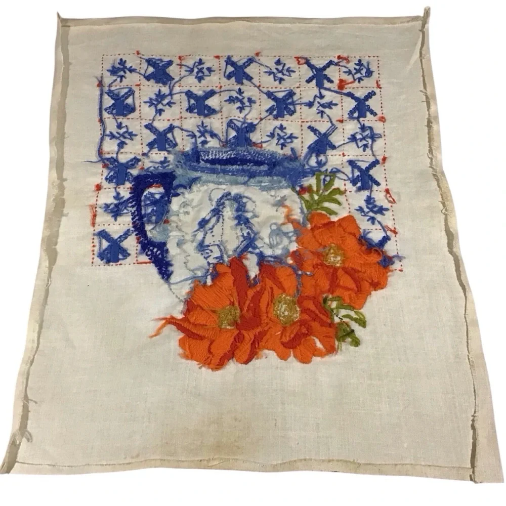 Vtg Embroidered Dutch Windmills Mug Picture Flowers Kissing Blue Orange White
